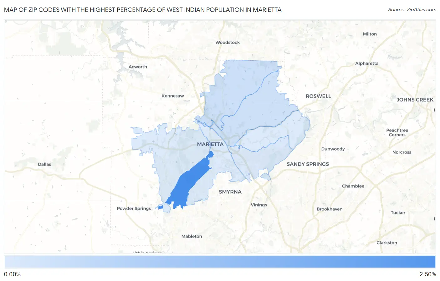 Zip Codes with the Highest Percentage of West Indian Population in Marietta Map