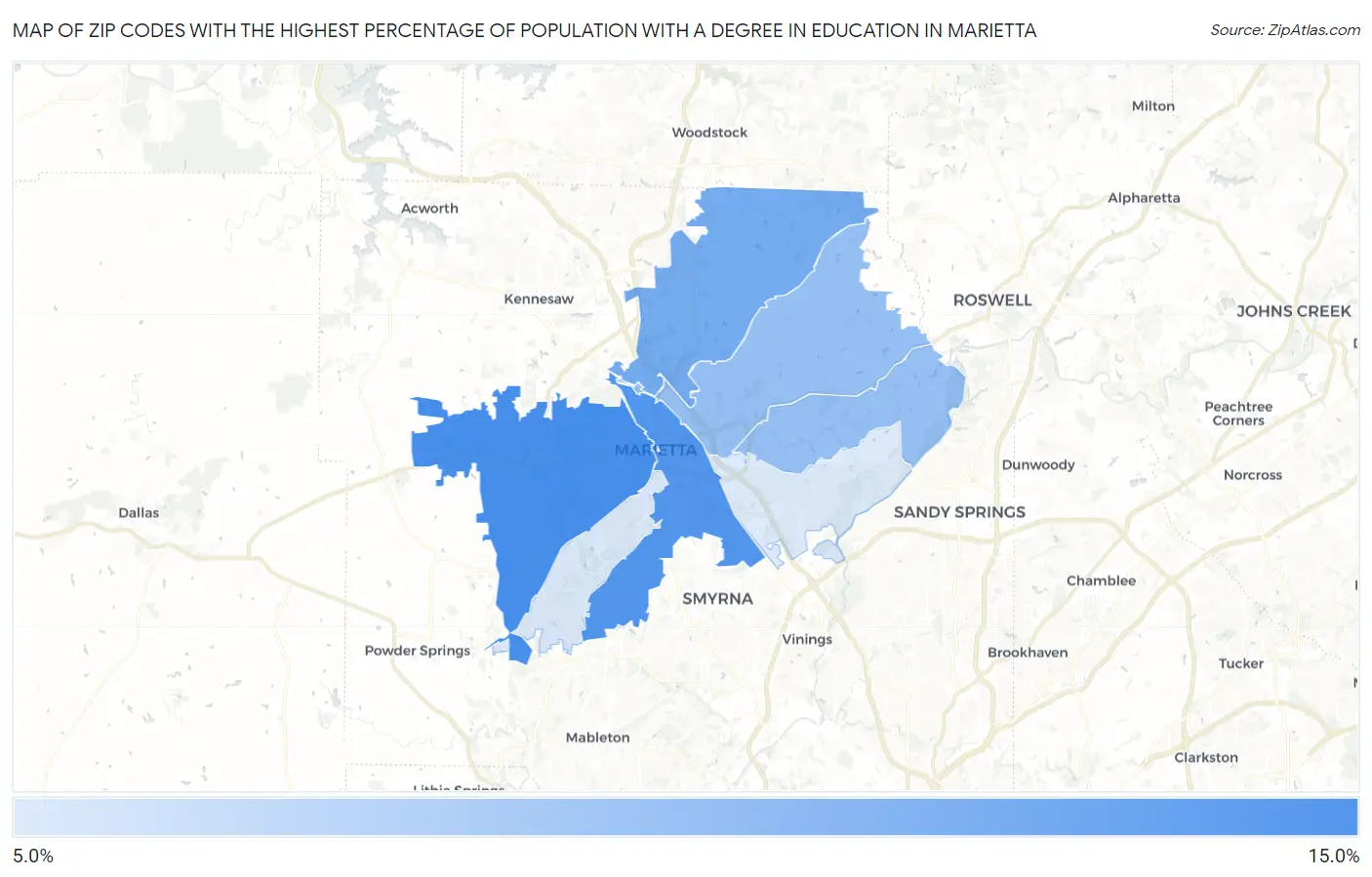 Zip Codes with the Highest Percentage of Population with a Degree in Education in Marietta Map