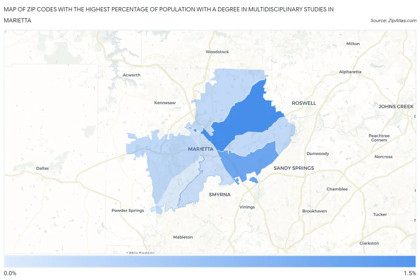 Zip Codes with the Highest Percentage of Population with a Degree in Multidisciplinary Studies in Marietta Map