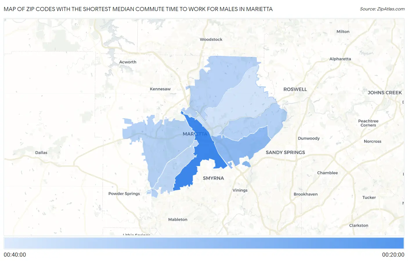 Zip Codes with the Shortest Median Commute Time to Work for Males in Marietta Map