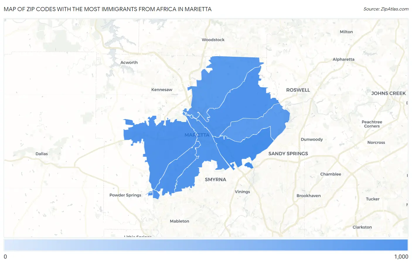 Zip Codes with the Most Immigrants from Africa in Marietta Map