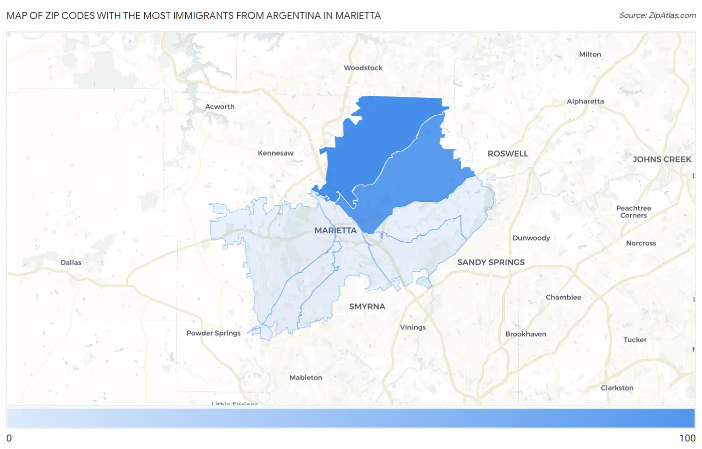 Zip Codes with the Most Immigrants from Argentina in Marietta Map