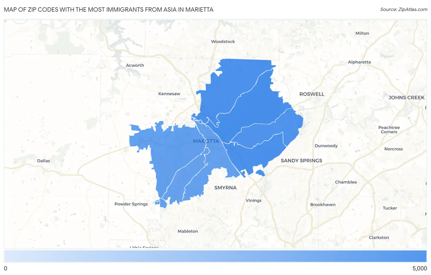 Zip Codes with the Most Immigrants from Asia in Marietta Map