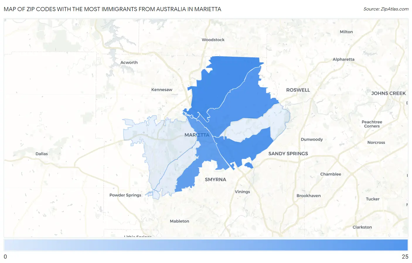 Zip Codes with the Most Immigrants from Australia in Marietta Map