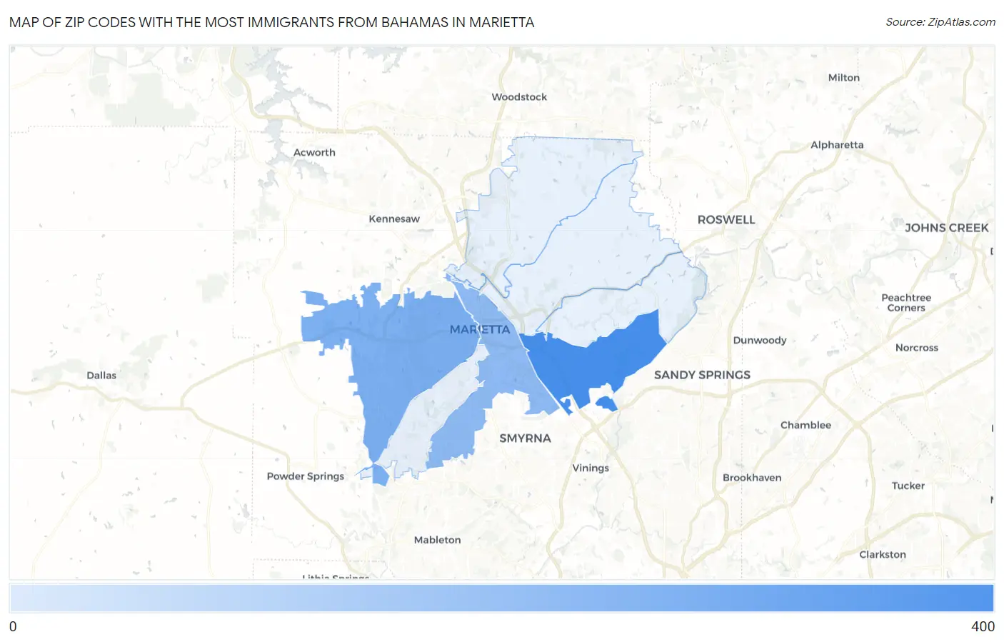 Zip Codes with the Most Immigrants from Bahamas in Marietta Map