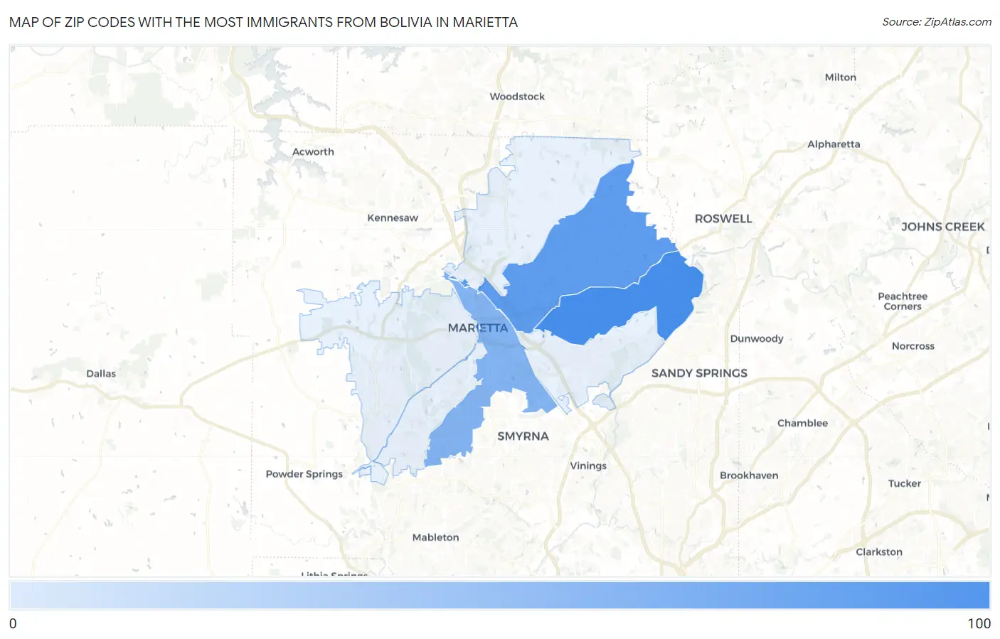 Zip Codes with the Most Immigrants from Bolivia in Marietta Map