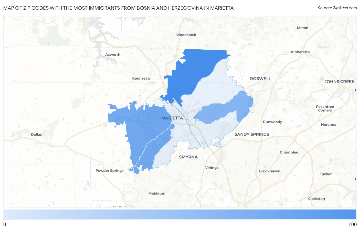 Zip Codes with the Most Immigrants from Bosnia and Herzegovina in Marietta Map