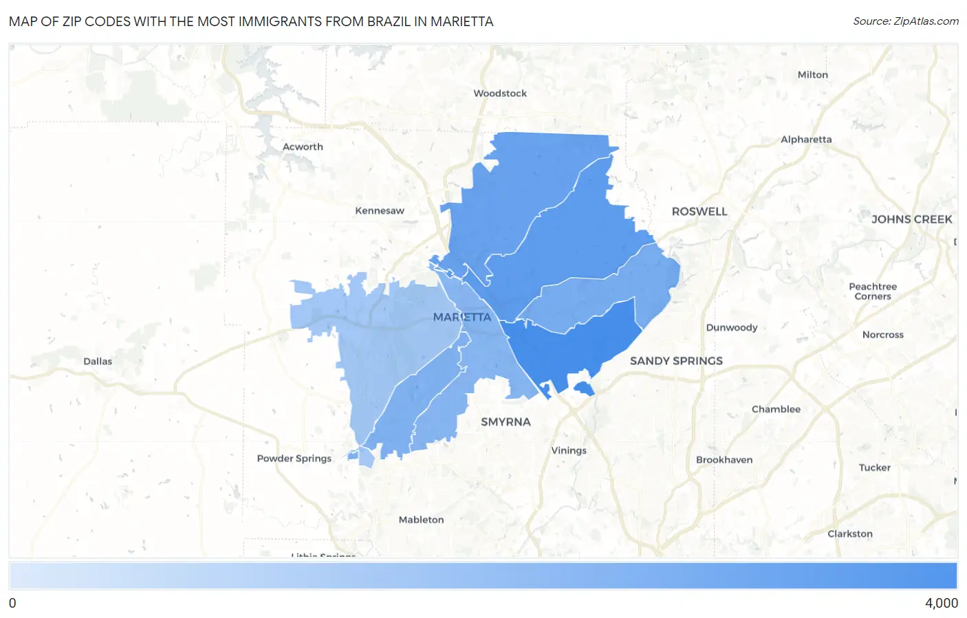 Zip Codes with the Most Immigrants from Brazil in Marietta Map