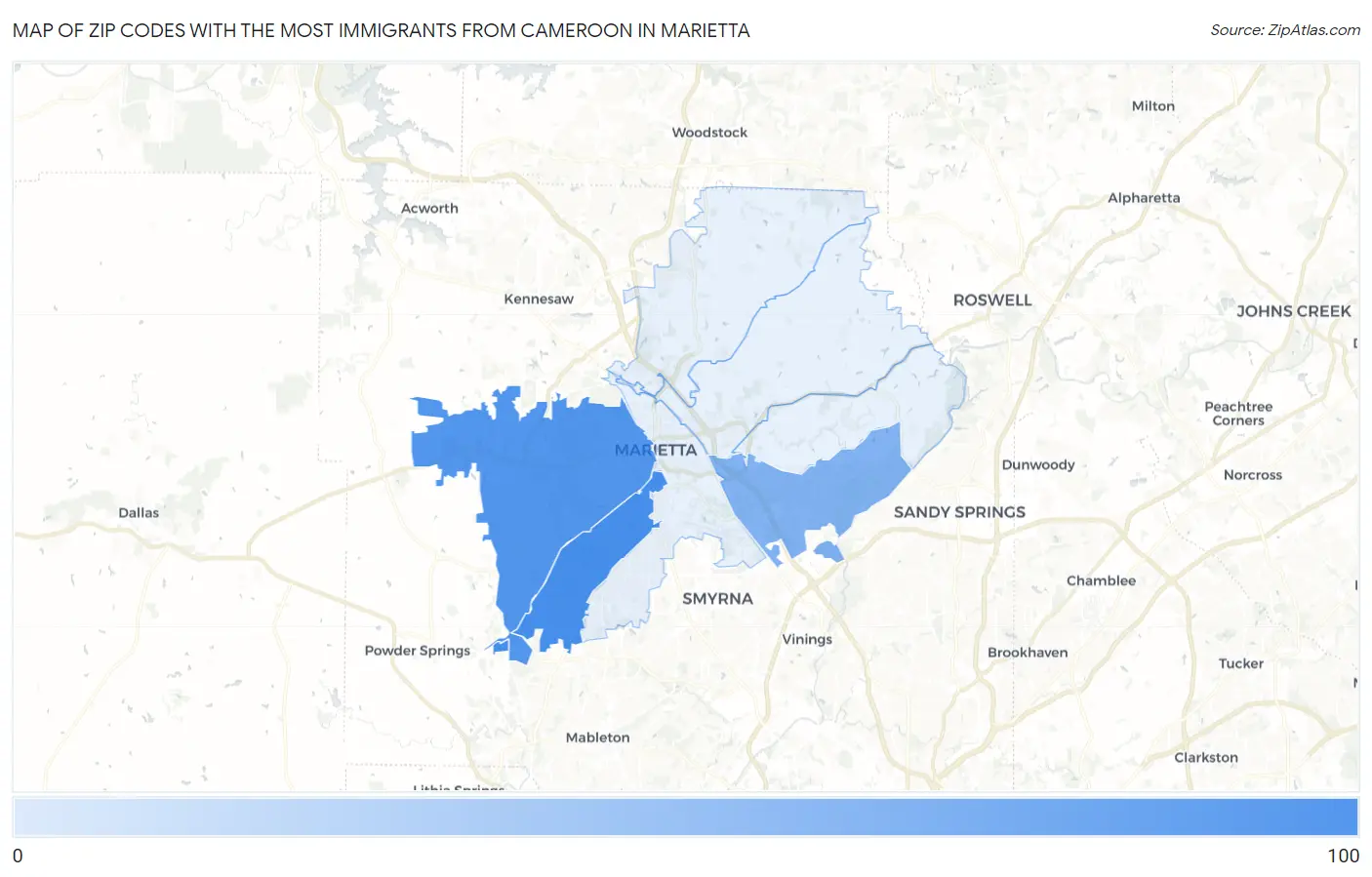 Zip Codes with the Most Immigrants from Cameroon in Marietta Map
