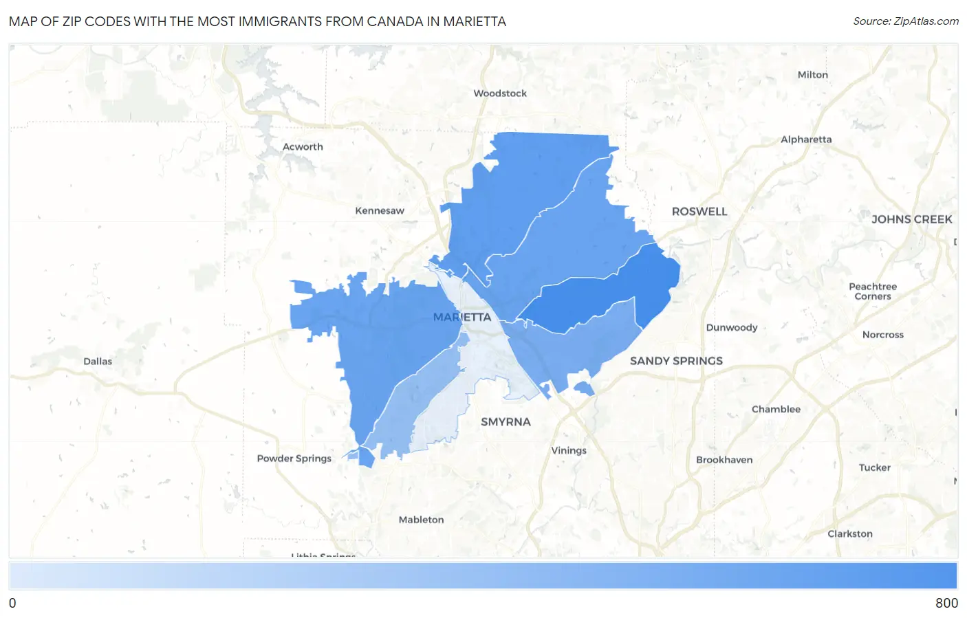 Zip Codes with the Most Immigrants from Canada in Marietta Map
