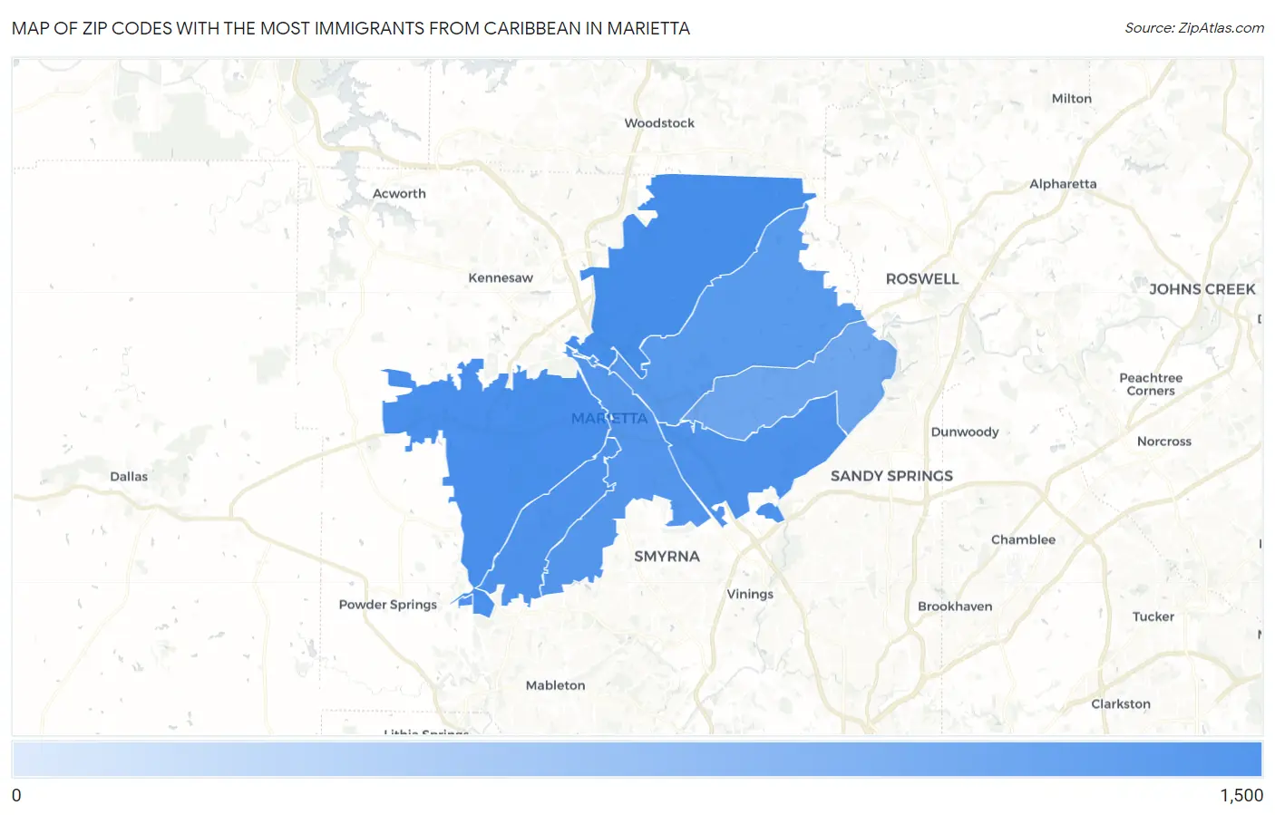 Zip Codes with the Most Immigrants from Caribbean in Marietta Map