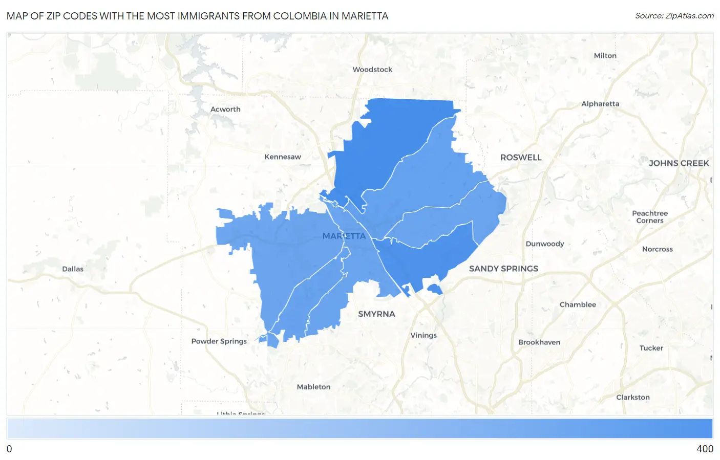 Zip Codes with the Most Immigrants from Colombia in Marietta Map