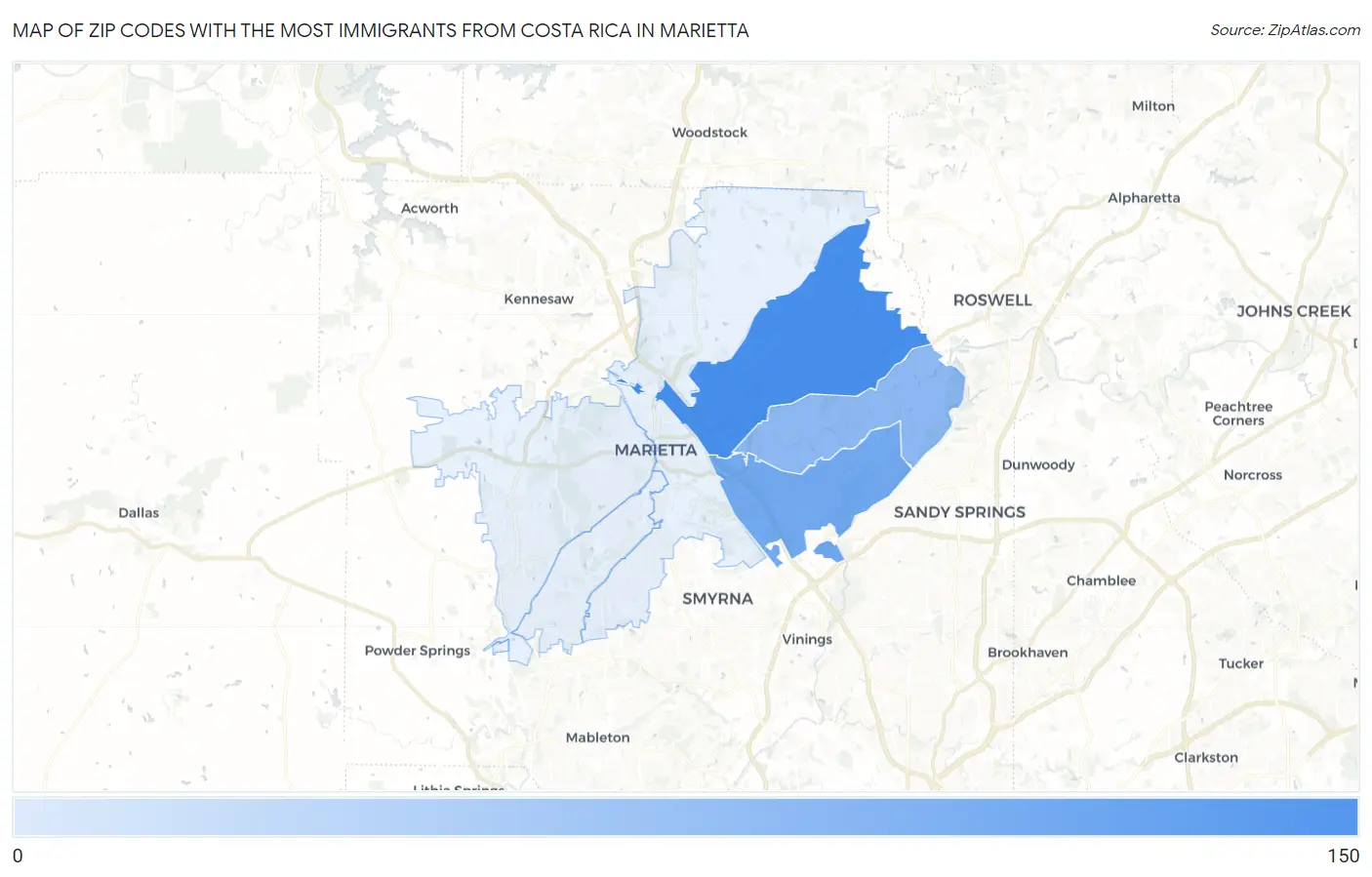 Zip Codes with the Most Immigrants from Costa Rica in Marietta Map