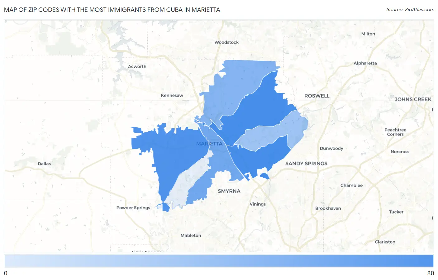 Zip Codes with the Most Immigrants from Cuba in Marietta Map