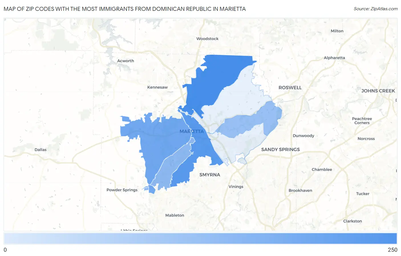 Zip Codes with the Most Immigrants from Dominican Republic in Marietta Map