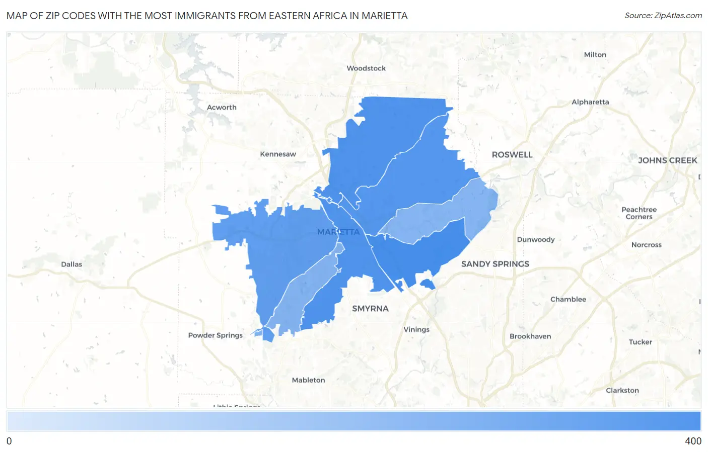 Zip Codes with the Most Immigrants from Eastern Africa in Marietta Map