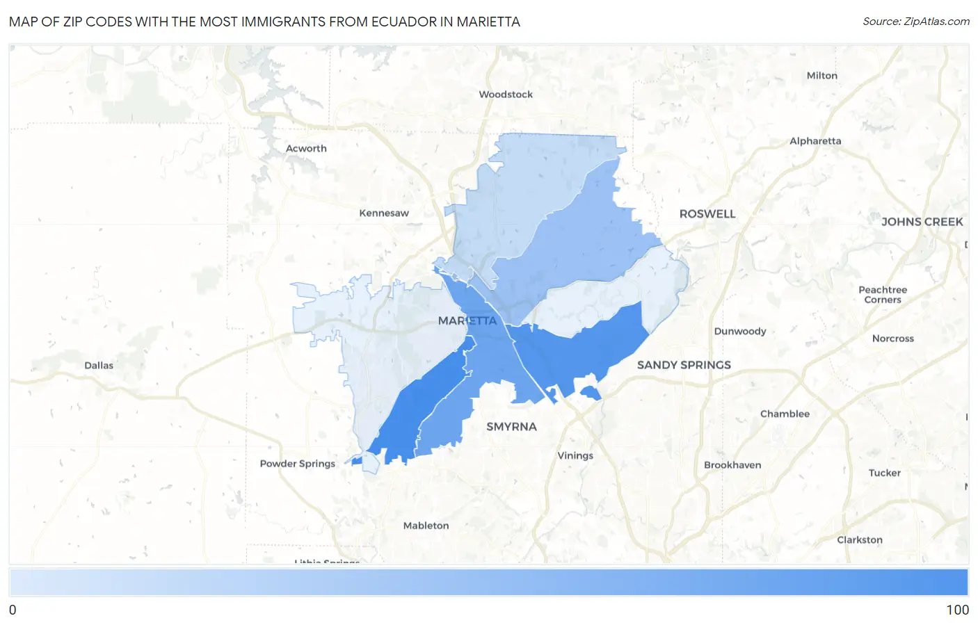 Zip Codes with the Most Immigrants from Ecuador in Marietta Map