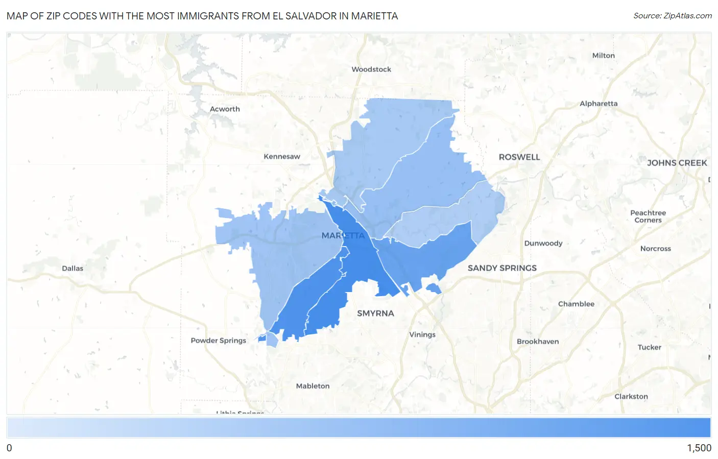 Zip Codes with the Most Immigrants from El Salvador in Marietta Map