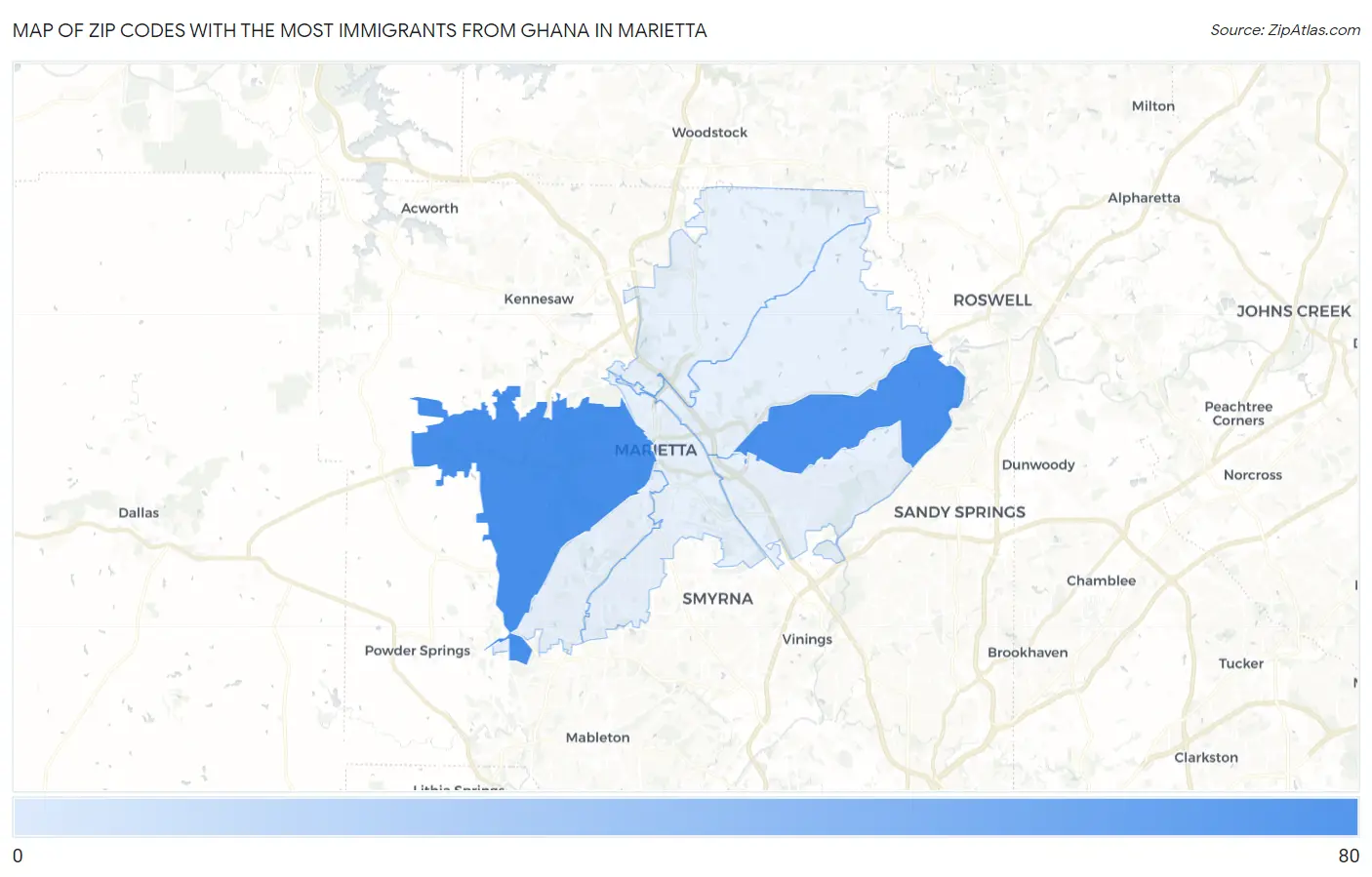 Zip Codes with the Most Immigrants from Ghana in Marietta Map
