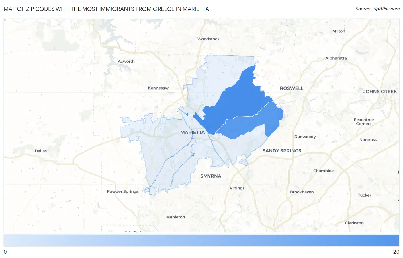 Zip Codes with the Most Immigrants from Greece in Marietta Map