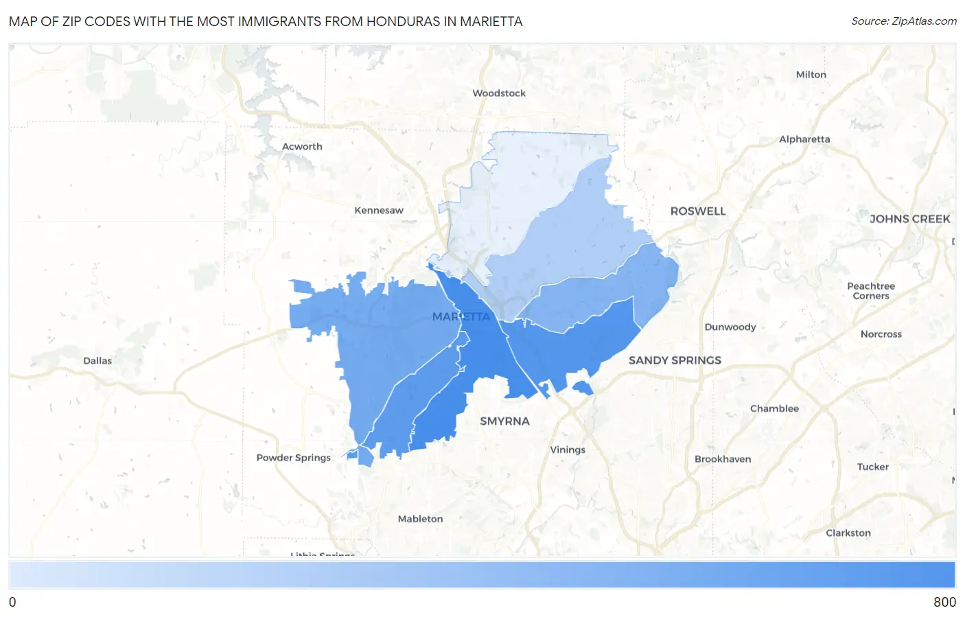 Zip Codes with the Most Immigrants from Honduras in Marietta Map