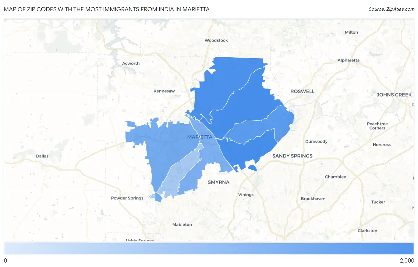 Zip Codes with the Most Immigrants from India in Marietta Map