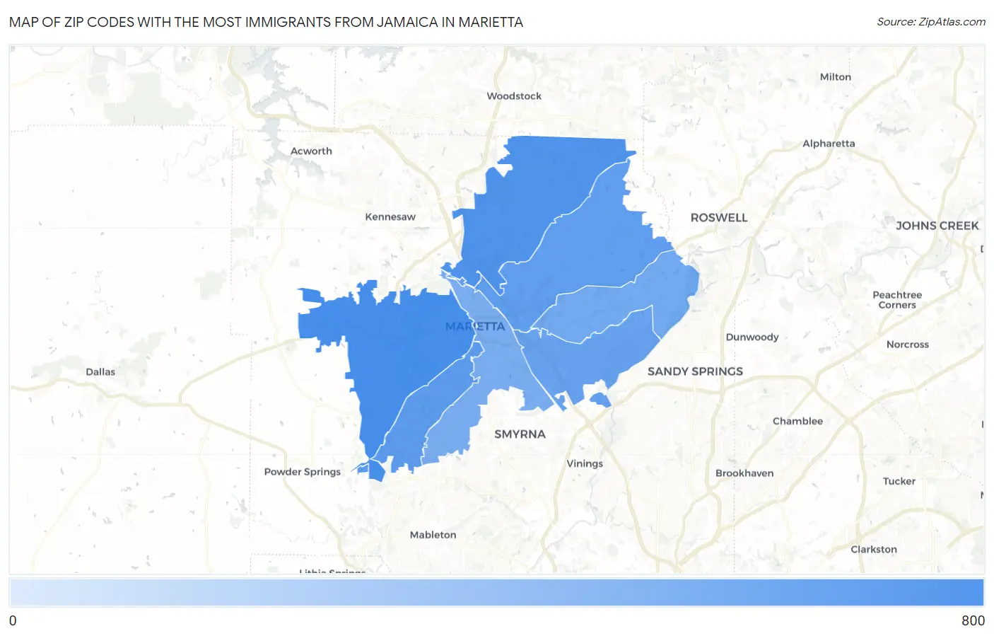 Zip Codes with the Most Immigrants from Jamaica in Marietta Map