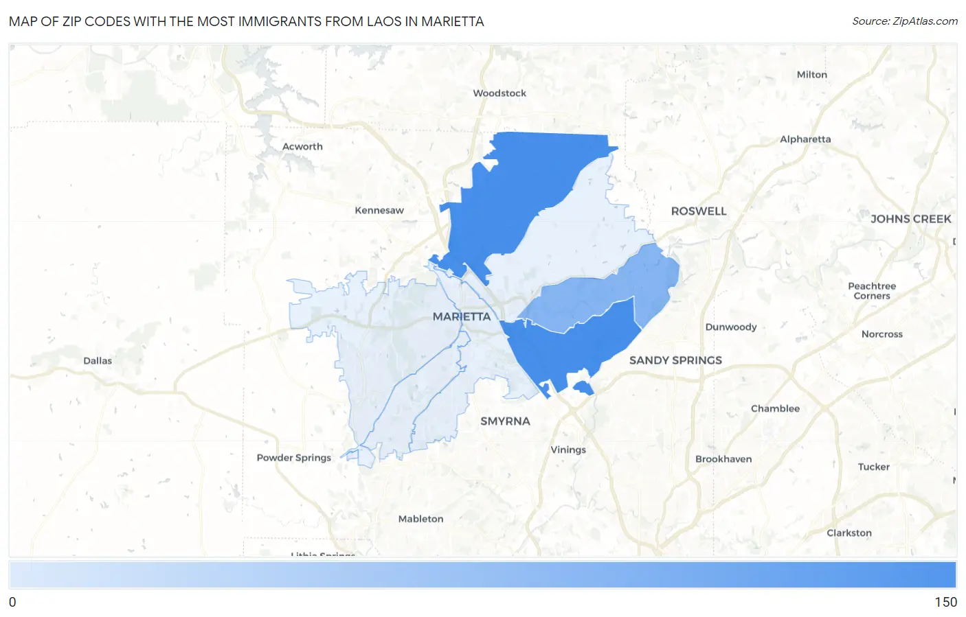 Zip Codes with the Most Immigrants from Laos in Marietta Map