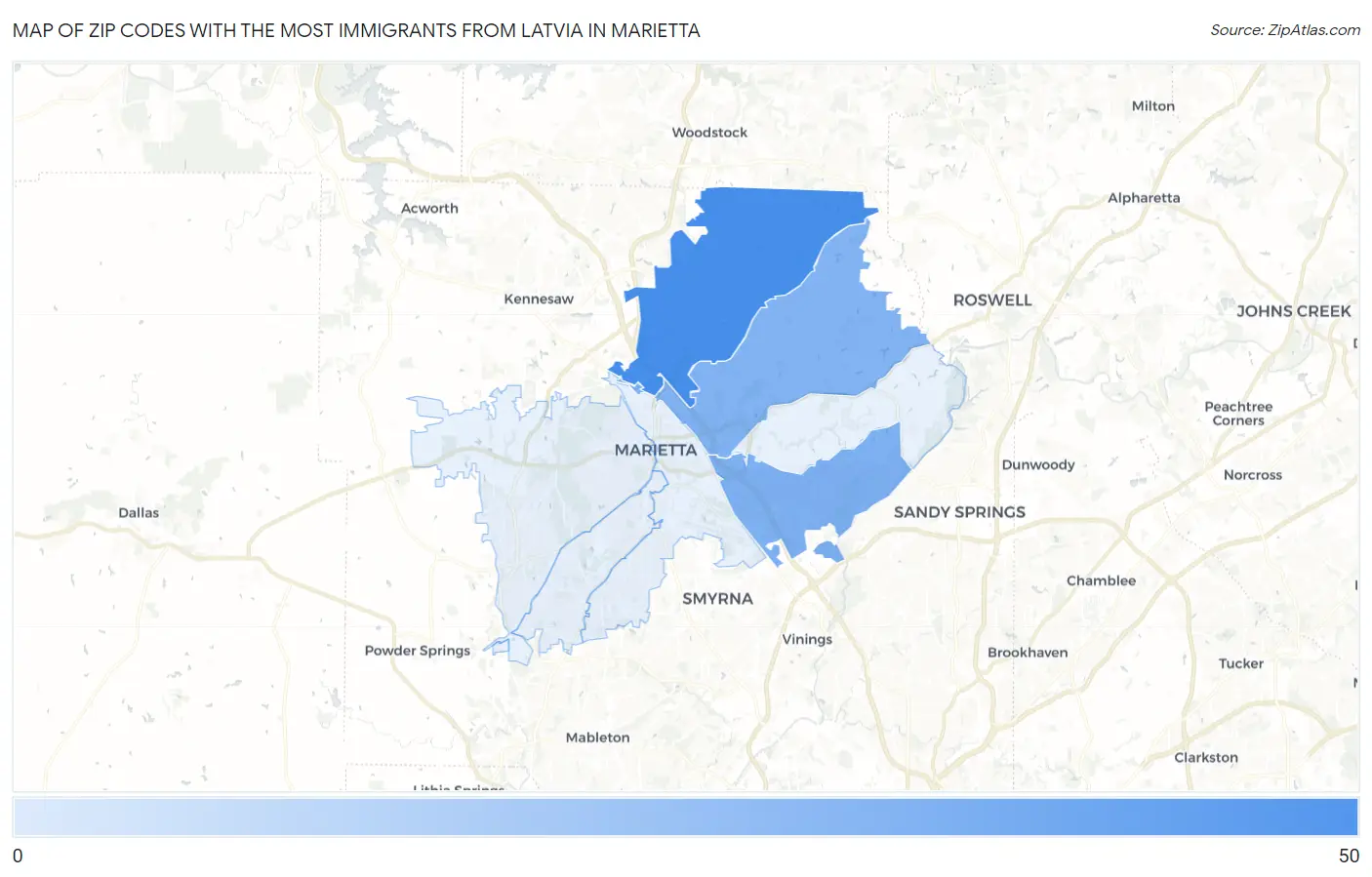 Zip Codes with the Most Immigrants from Latvia in Marietta Map