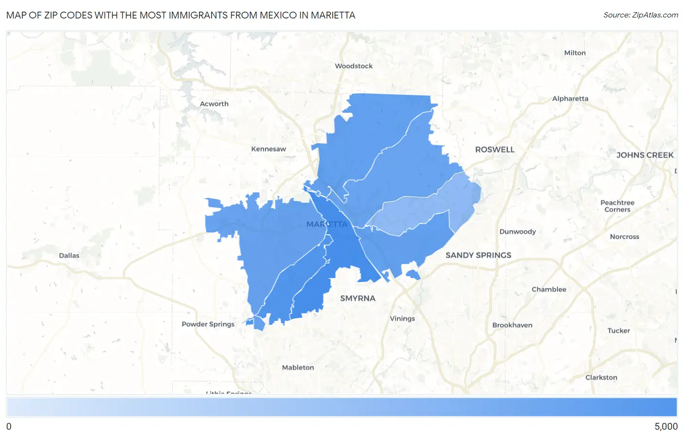 Zip Codes with the Most Immigrants from Mexico in Marietta Map