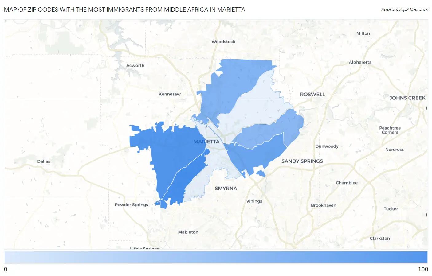 Zip Codes with the Most Immigrants from Middle Africa in Marietta Map