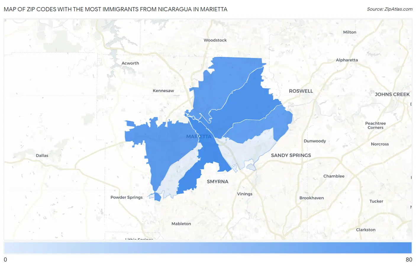 Zip Codes with the Most Immigrants from Nicaragua in Marietta Map