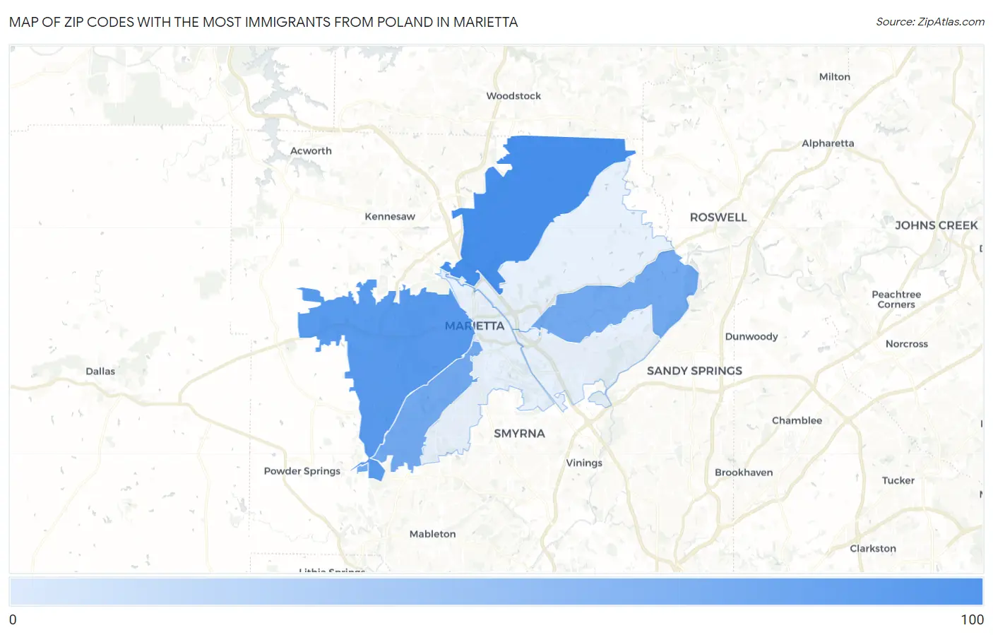 Zip Codes with the Most Immigrants from Poland in Marietta Map