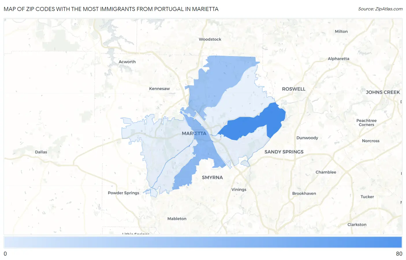 Zip Codes with the Most Immigrants from Portugal in Marietta Map