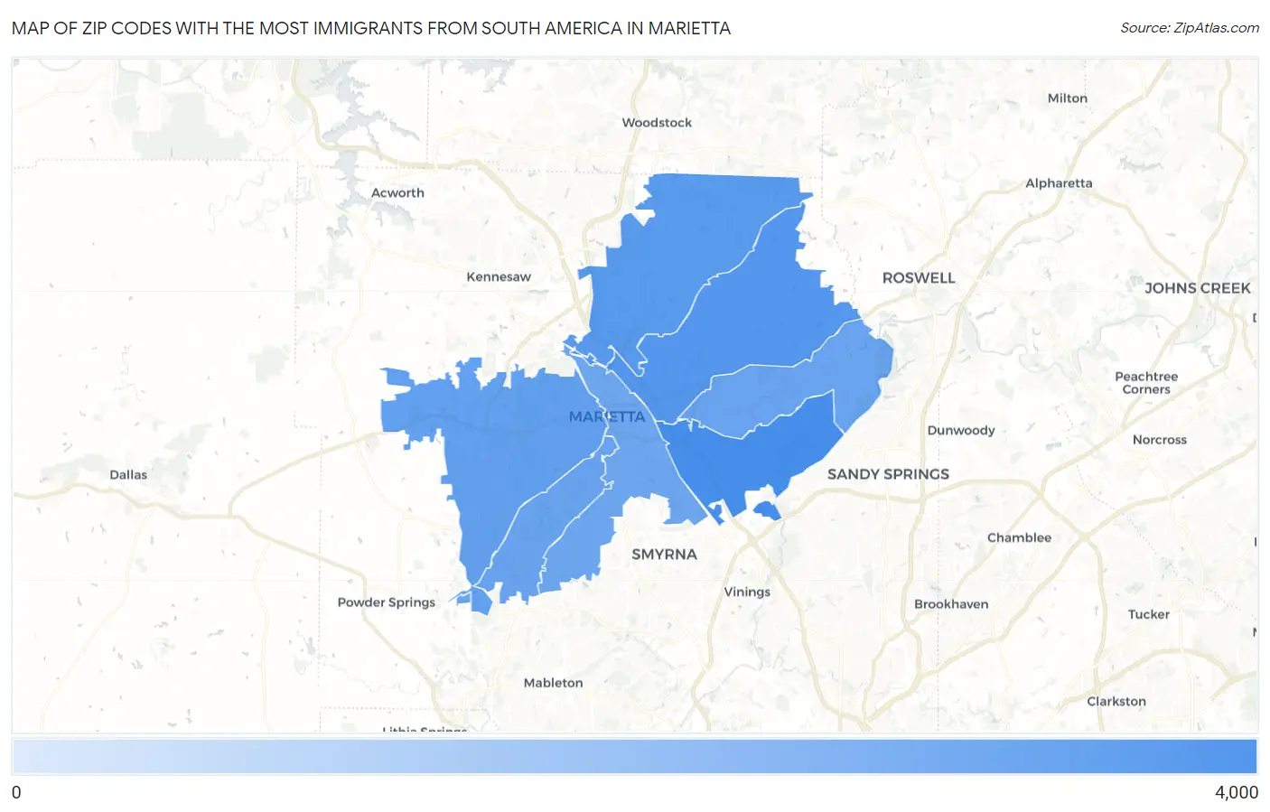 Zip Codes with the Most Immigrants from South America in Marietta Map