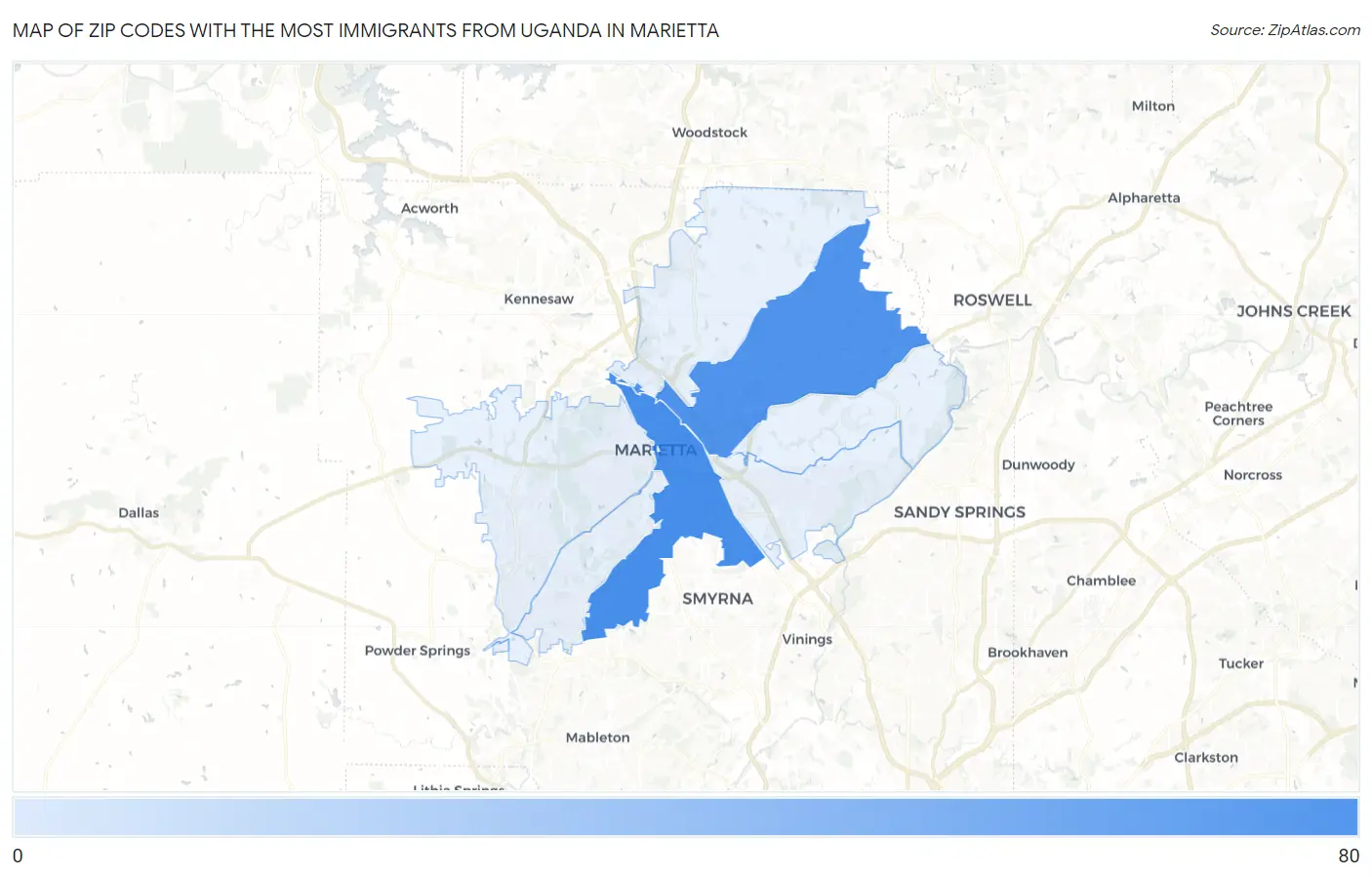 Zip Codes with the Most Immigrants from Uganda in Marietta Map