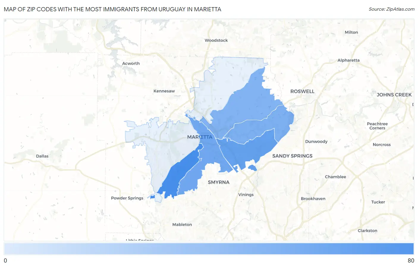 Zip Codes with the Most Immigrants from Uruguay in Marietta Map