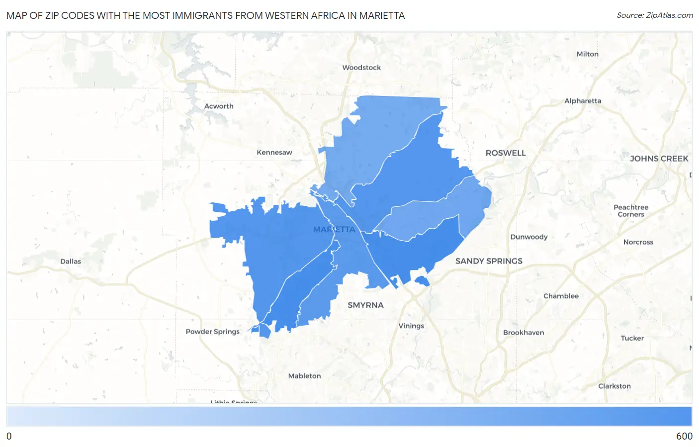 Zip Codes with the Most Immigrants from Western Africa in Marietta Map