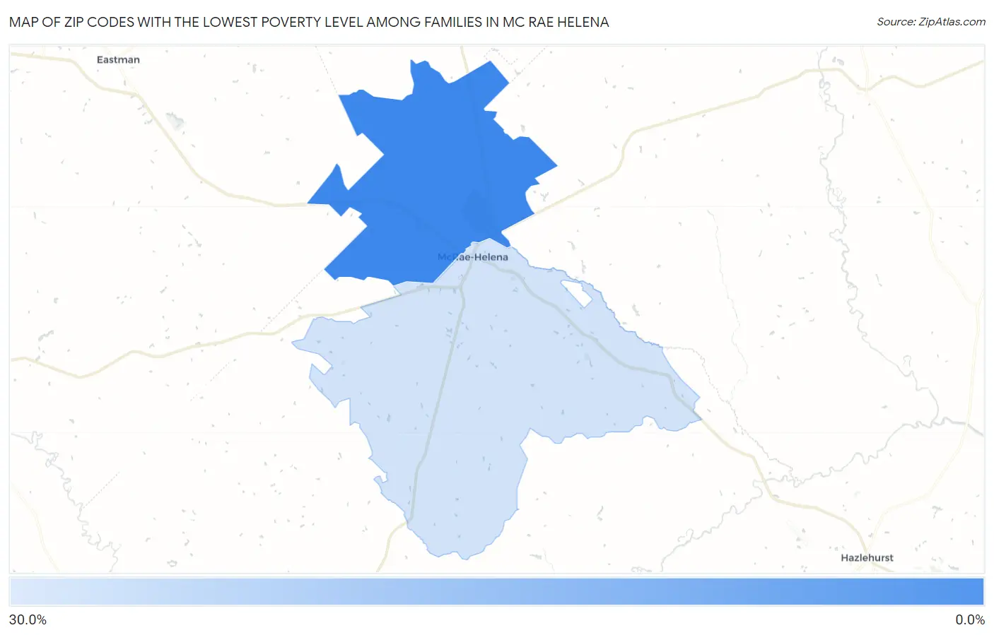 Zip Codes with the Lowest Poverty Level Among Families in Mc Rae Helena Map