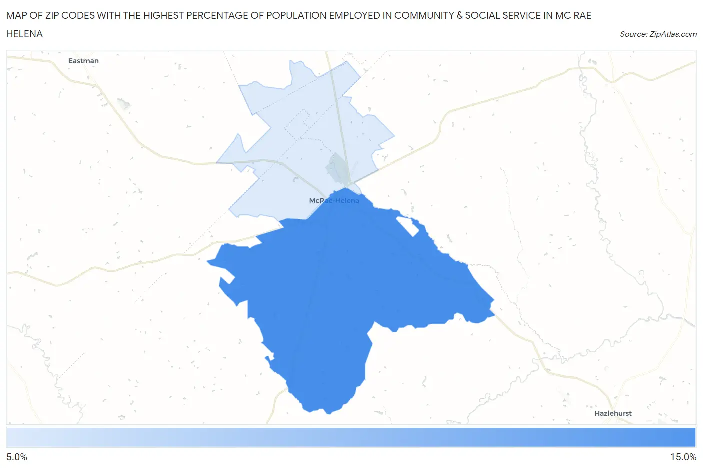 Zip Codes with the Highest Percentage of Population Employed in Community & Social Service  in Mc Rae Helena Map