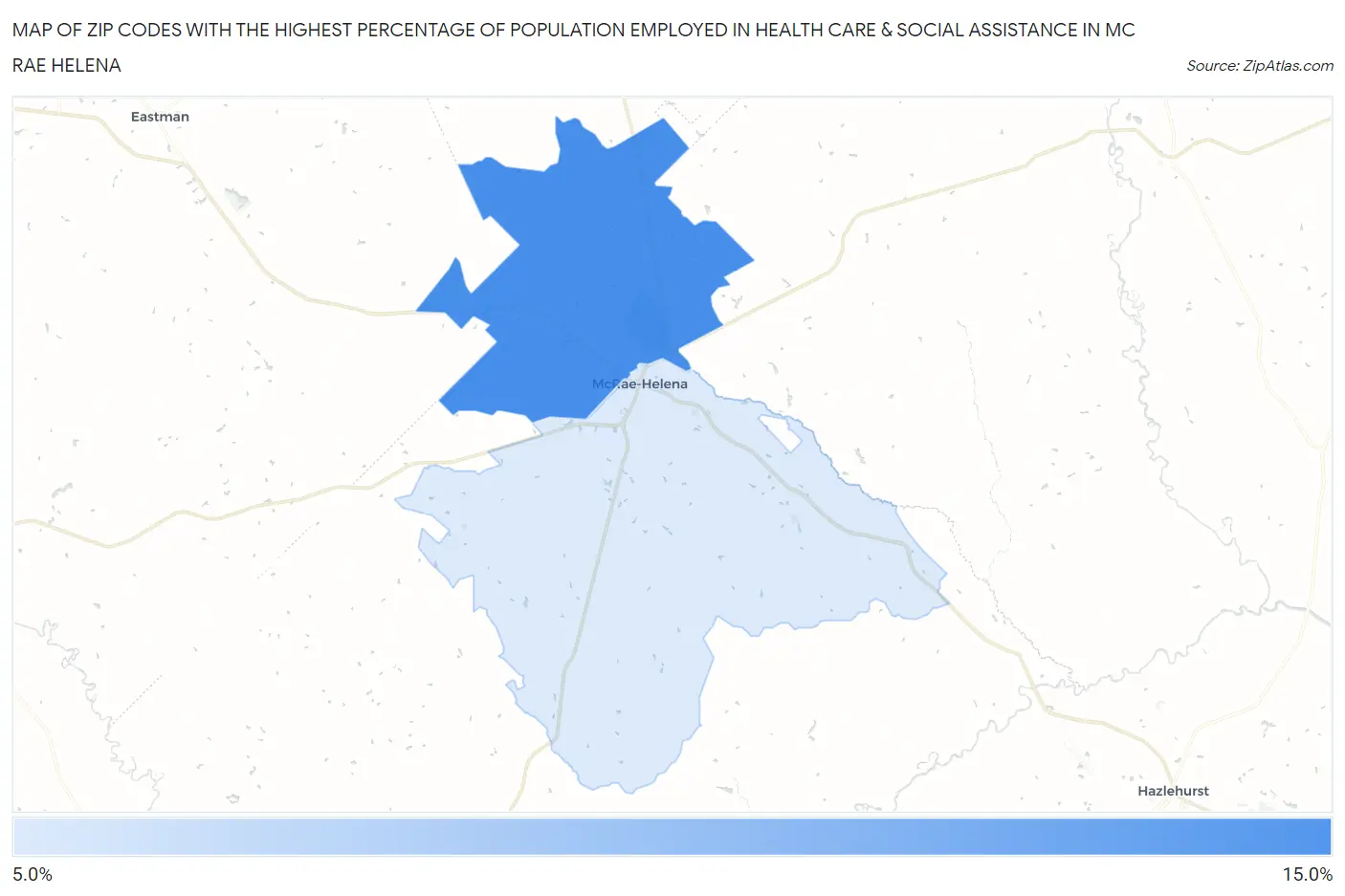 Zip Codes with the Highest Percentage of Population Employed in Health Care & Social Assistance in Mc Rae Helena Map