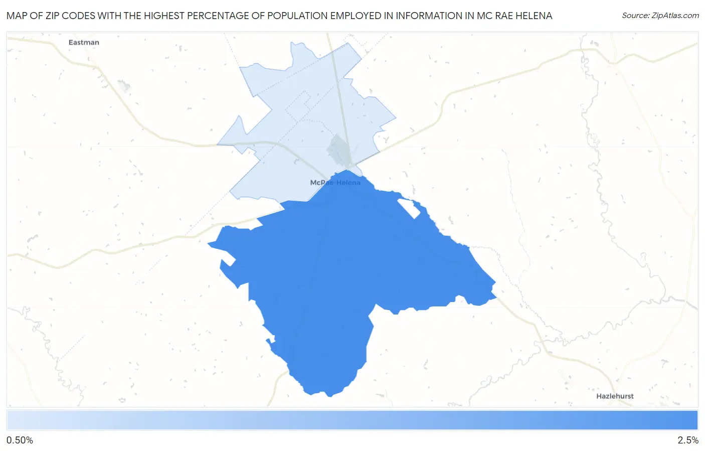 Zip Codes with the Highest Percentage of Population Employed in Information in Mc Rae Helena Map