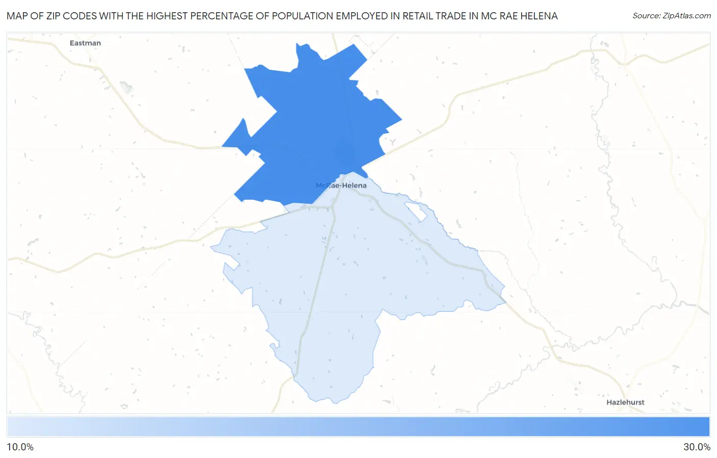 Zip Codes with the Highest Percentage of Population Employed in Retail Trade in Mc Rae Helena Map