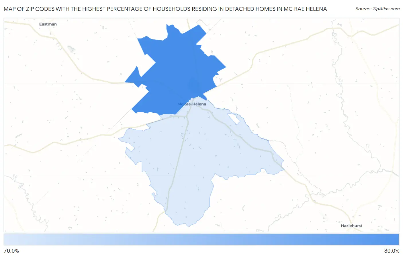 Zip Codes with the Highest Percentage of Households Residing in Detached Homes in Mc Rae Helena Map