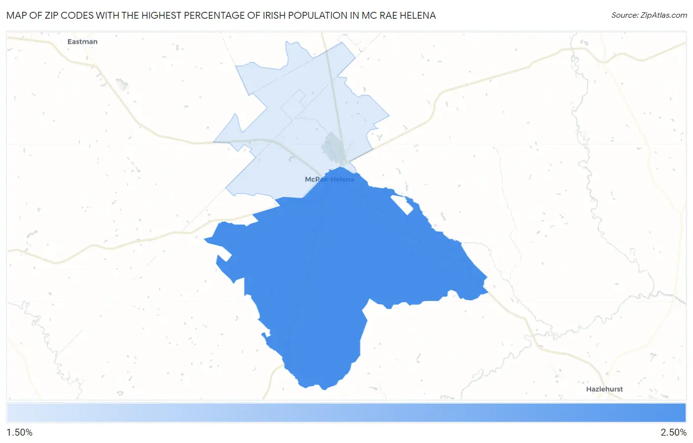 Zip Codes with the Highest Percentage of Irish Population in Mc Rae Helena Map