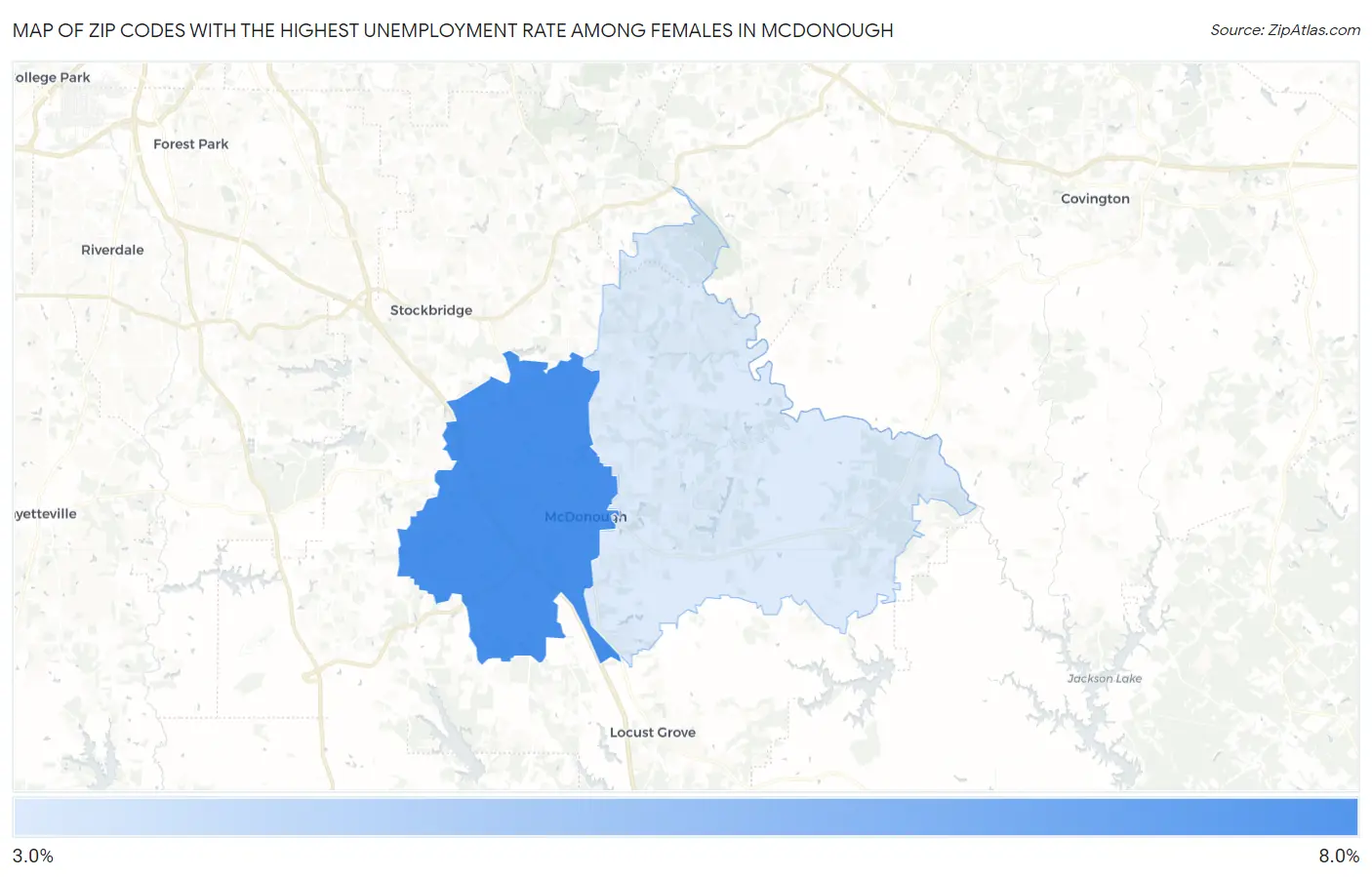 Zip Codes with the Highest Unemployment Rate Among Females in Mcdonough Map