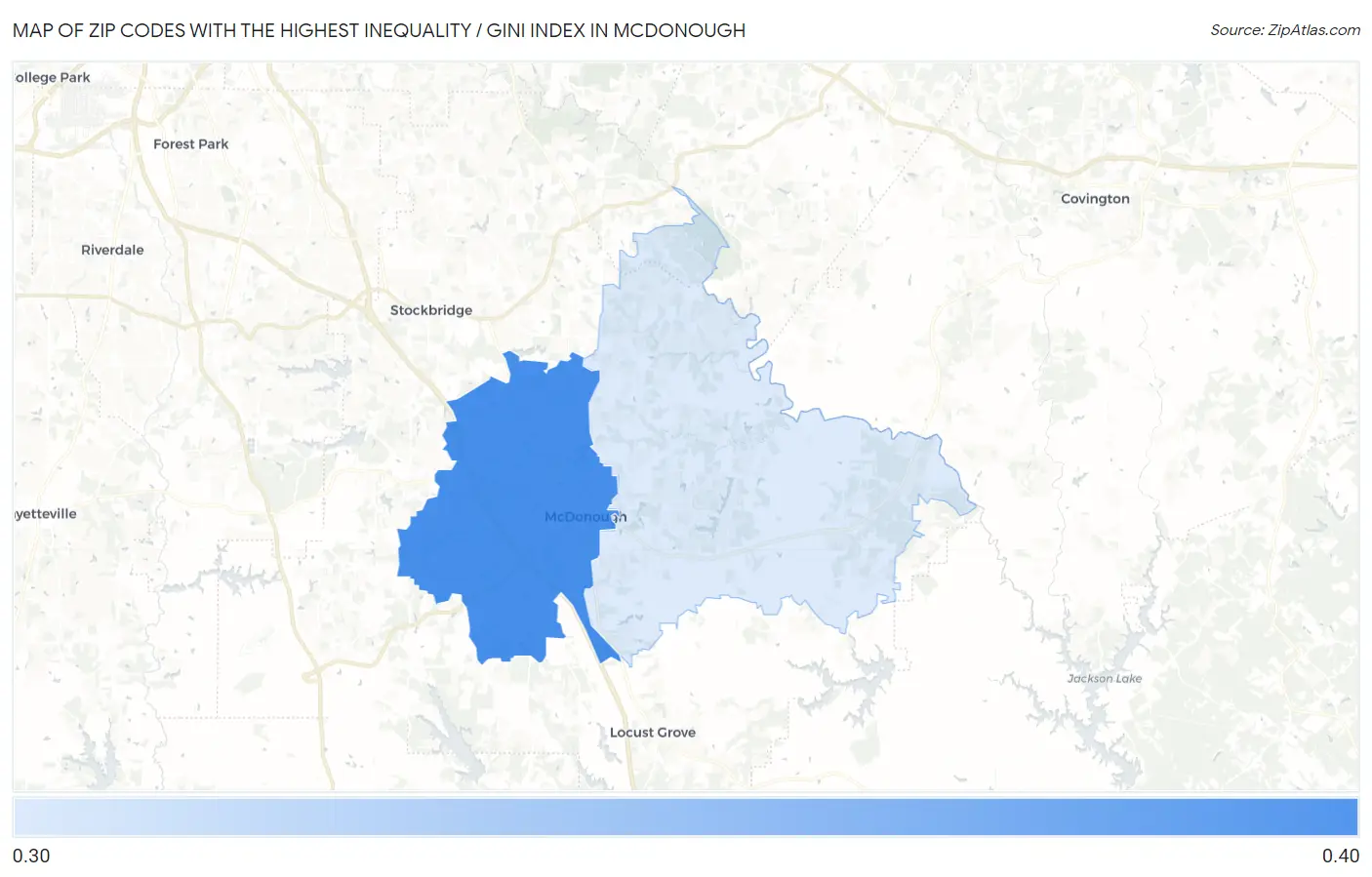 Zip Codes with the Highest Inequality / Gini Index in Mcdonough Map