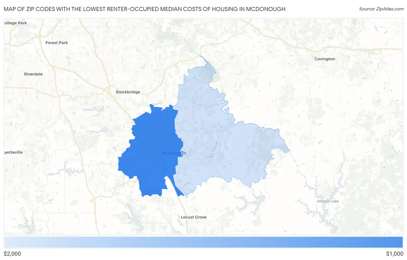 Zip Codes with the Lowest Renter-Occupied Median Costs of Housing in Mcdonough Map