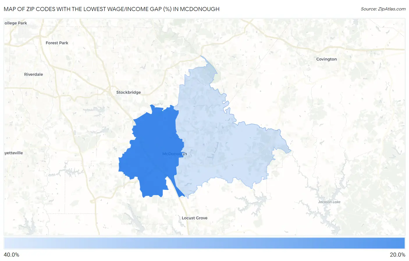 Zip Codes with the Lowest Wage/Income Gap (%) in Mcdonough Map