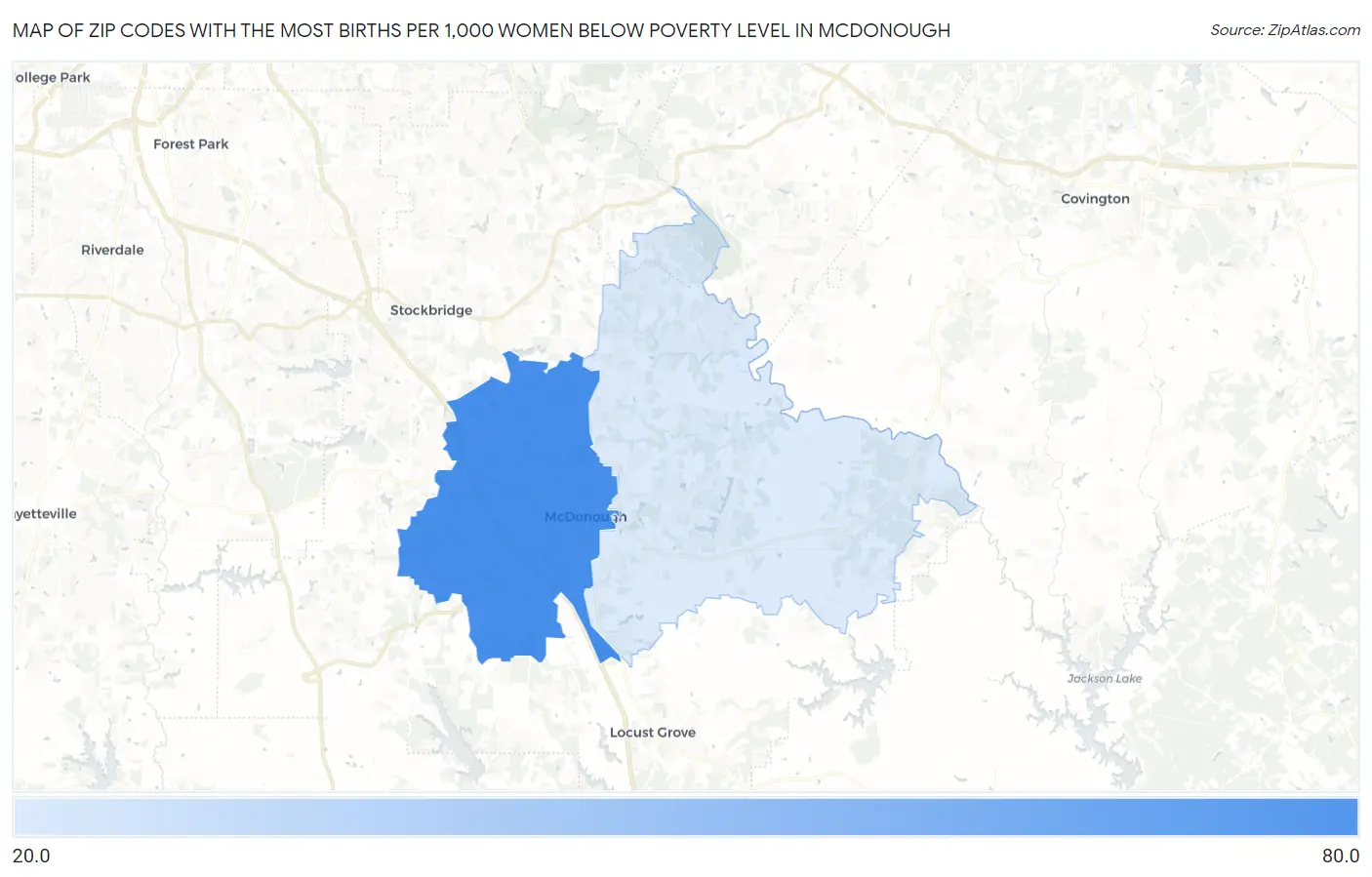 Zip Codes with the Most Births per 1,000 Women Below Poverty Level in Mcdonough Map